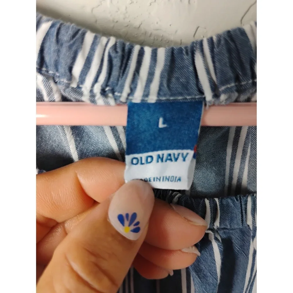 Old Navy Blue‎ White Stripe Off Shoulder Peplum Top Puff Sleeve Size L